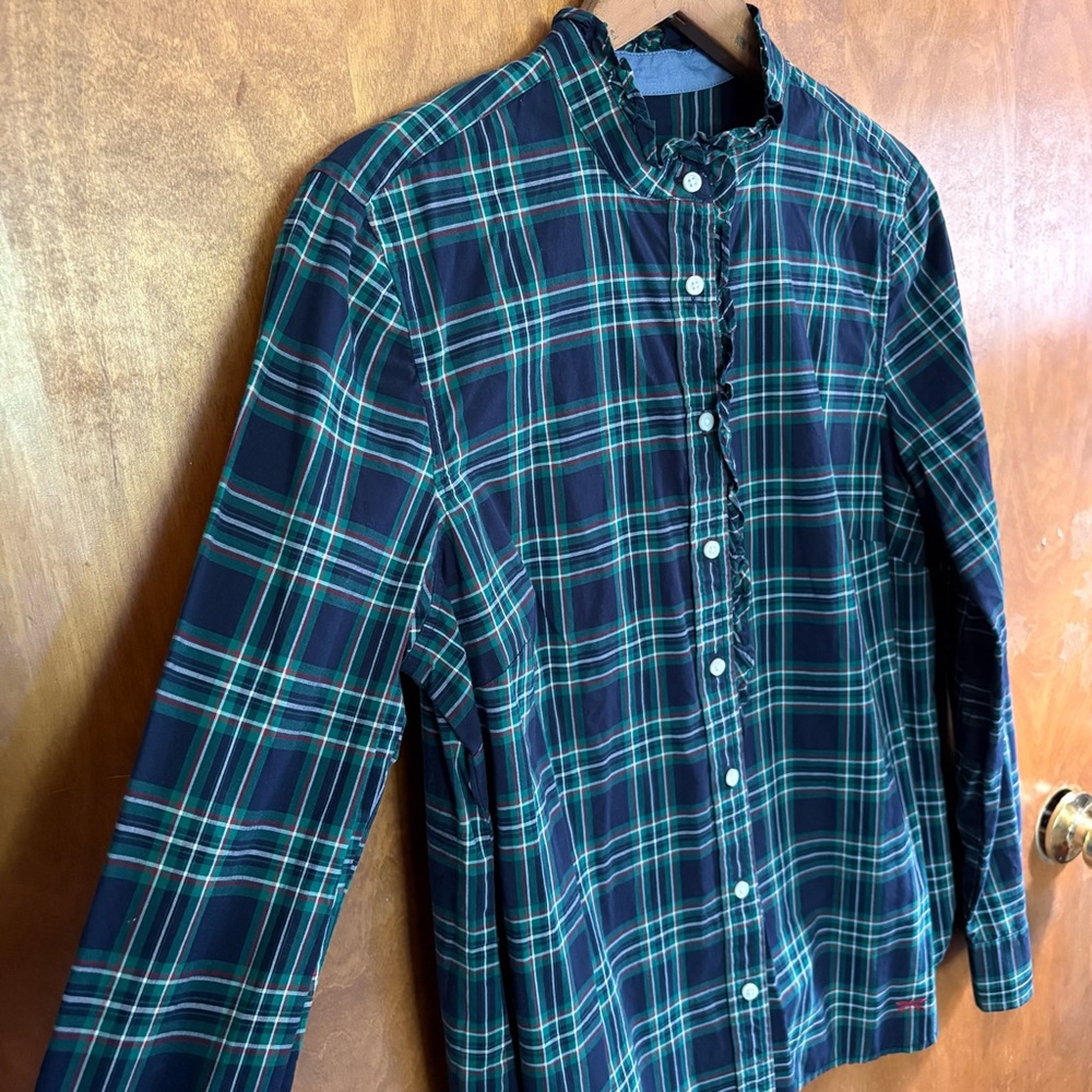 Talbots Green Blue Plaid Button Down Blouse Top 12 Ruffle High Neck Modest Fall - Picture 7 of 15